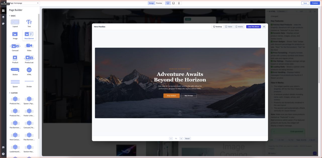 Block lightbox preview with Desktop, Tablet, and Mobile tabs